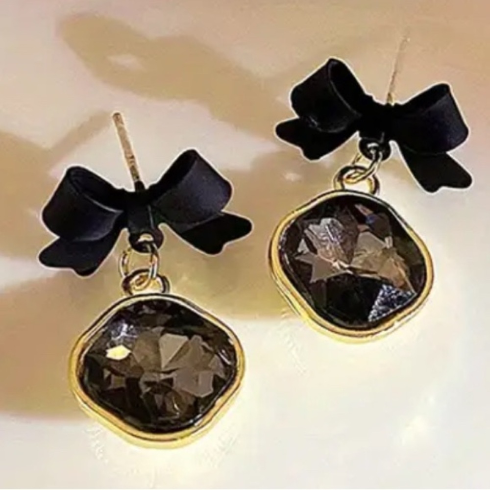 Chic Black and Gold Bow Earrings with Crystal Accents